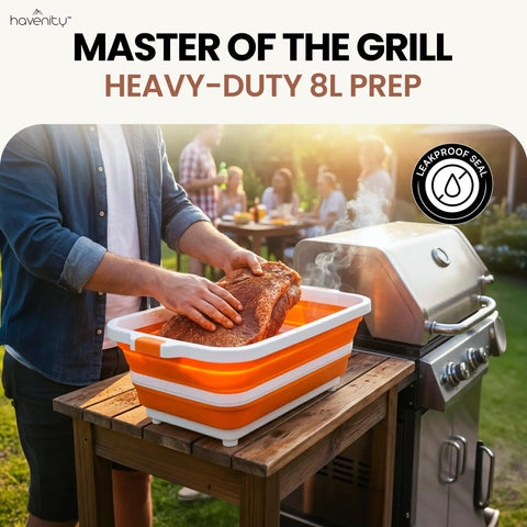 Person using Two Pack 8L Collapsible BBQ Prep Tub With Upgraded Locking Lid Multifunction Camping Cutting Board And Meat Storage Container Perfect For Grilling Outdoor Cooking Meal Prep Tailgate Grub And Picnics beside grill
