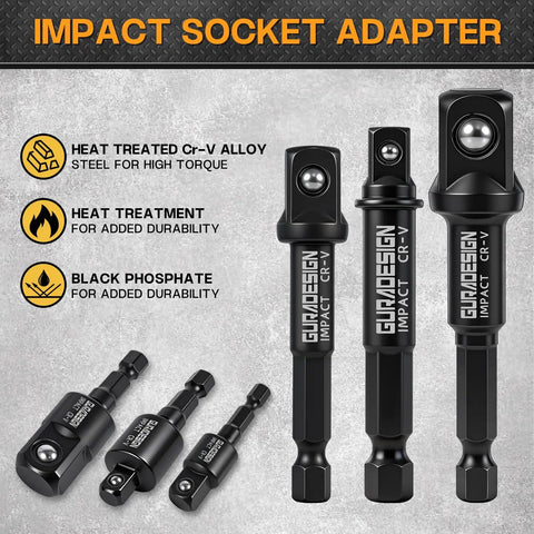 Impact Socket Adapter Set, 6-Piece With 3-Inch Extension Bit And Holder, 1/4-Inch, 3/8-Inch, And 1/2-Inch Drive Adapters Plus Universal Joints
