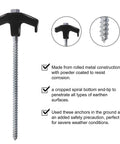 Close-up of Drillable Garden Shed Stake with focus on steel spiral tip and black T-handle; text highlights durability and use features.