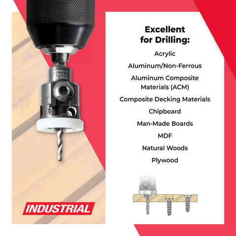 82 Degree Countersink With Adjustable Low Friction Depth Stop And Quick Release Hex Shank for drilling in multiple materials.