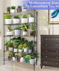 Beefy 5 Tier Metal Storage Shelves With Wheels And Adjustable Feet, 400 Lbs Per Shelf, 2000 Lbs Total Capacity, 36 Inch L x 14 Inch W x 60 Inch H, Black Garage Workshop Organization filled with potted plants in a room next to a dresser.