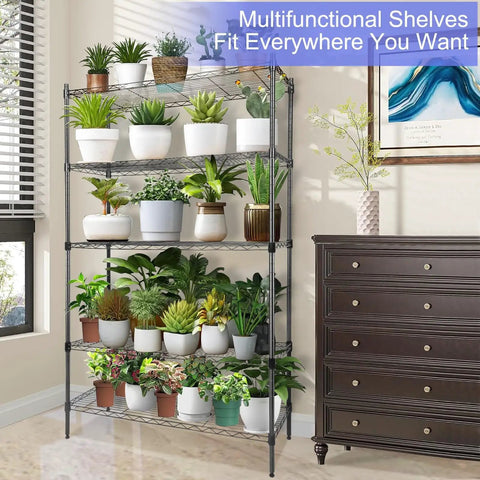 Beefy 5 Tier Metal Storage Shelves With Wheels And Adjustable Feet, 400 Lbs Per Shelf, 2000 Lbs Total Capacity, 36 Inch L x 14 Inch W x 60 Inch H, Black Garage Workshop Organization filled with potted plants in a room next to a dresser.