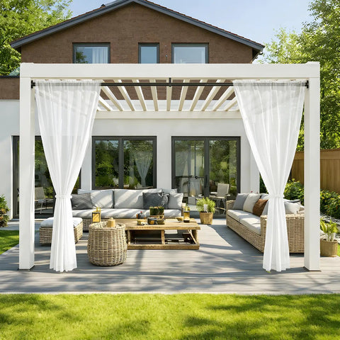 One Click Extendable Heavy Duty Tension Curtain Rod 41 To 165 Inch No Drilling Outdoor Rod for patio, visible over seating area