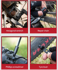 38 In 1 Bike Repair Kit With Chain Levers Hex Spoke Wrench Crank Puller And Splitter Tool Portable Cycling Toolbox For On The Go Maintenance And Quick Fixes featuring tools like hexagonal wrench and tire lever being used for bicycle maintenance.