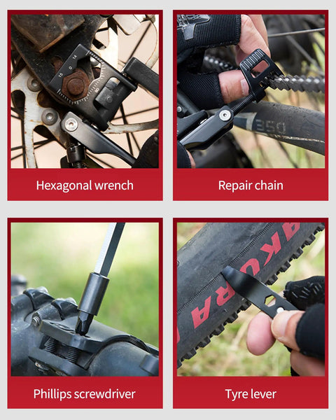 38 In 1 Bike Repair Kit With Chain Levers Hex Spoke Wrench Crank Puller And Splitter Tool Portable Cycling Toolbox For On The Go Maintenance And Quick Fixes featuring tools like hexagonal wrench and tire lever being used for bicycle maintenance.