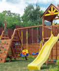 Kids Outdoor Playground Accessories Swingset Attachments With Pirate Ship Wheel Toy Telescope Telephone And Safety Handles In Yellow And Green Built To Last Durable Playset Add Ons featuring climbing wall, swings, and yellow slide in backyard setting.