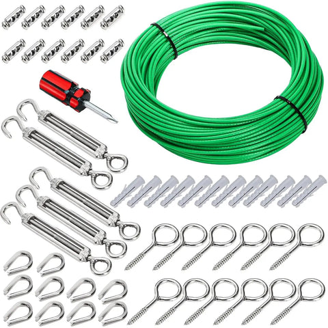 100ft Green PVC Coated Wire Rope Kit With One Eighth Inch Cable Turnbuckle Tensioner Set Eye Screws Clamps Thimbles