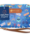 KeepGoing Kids travel first aid kit pouch with blue vehicle-pattern design and brown strap; 130-piece