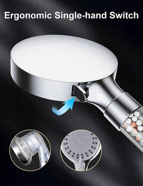 Filtered Shower Head With High Pressure Hard Water Filter, ergonomic switch, water softener beads, anti-clog nozzle design