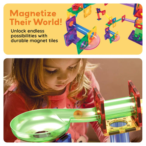 Child playing with Magnetic Marble Run Set With Building Tiles And Race Track Slides Three In One STEM Learning Toy