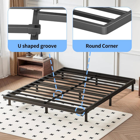 Heavy Duty King Box Spring 2 Inch Low Profile Metal Bed Base featuring U shaped groove and round corner design for safety.