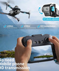 Ultimate 4K Drone With Dual HD Cameras and 4.3-Inch Controller Screen in use over a lake with HD transmission display.