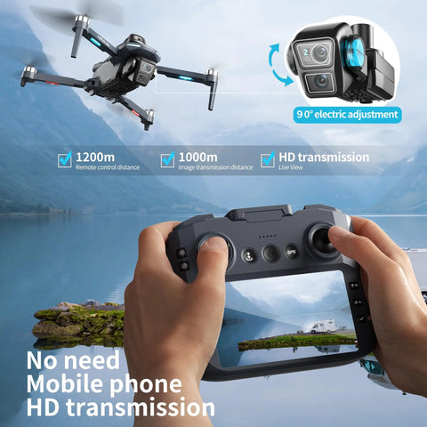 Ultimate 4K Drone With Dual HD Cameras and 4.3-Inch Controller Screen in use over a lake with HD transmission display.