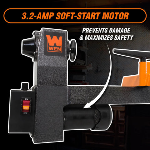 WEN mini benchtop wood lathe, 8-in by 13-in, variable speed, headstock with orange WEN logo.
