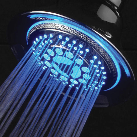 Two In One Shower System With LED Shower Head And Hands Free Option, blue LED lights and water jets visible