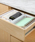 Open drawer with 12 Pack Plastic Organizer Baskets White Storage Bins Trays For Desk Home Office Shelves And Craft Room Organization Easy Grab Mess Free Neat And Tidy Large Capacity Stackable Ventilated Mesh.