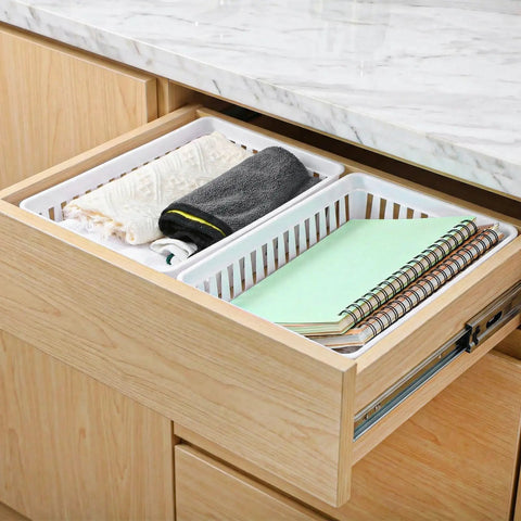 Open drawer with 12 Pack Plastic Organizer Baskets White Storage Bins Trays For Desk Home Office Shelves And Craft Room Organization Easy Grab Mess Free Neat And Tidy Large Capacity Stackable Ventilated Mesh.