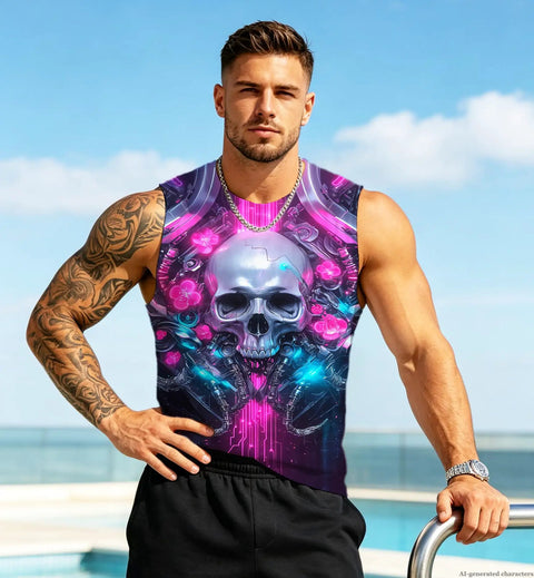 Mens 3D Printed Skull Sleeveless Muscle Tank Top Moisture Wicking And Quick Dry Gym Fit Slay Your Workout Routine Summer Streetwear Vibe Stay Fresh Daily featuring vibrant skull graphic.