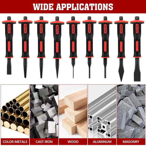 9 Piece Punch And Chisel Set with hand guard, chrome vanadium steel, showing applications on metals, wood, and masonry.