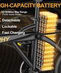 Compact Folding Electric Bike showcasing high-capacity battery, detachable, lockable features, 20/30 miles max range