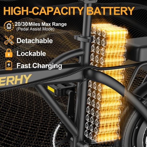 Electric Bike For Adults With 500W Motor 20 MPH Top Speed Foldable E Bike With 14 Inch Wheels showing high-capacity battery