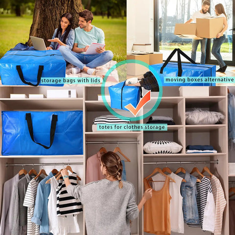 Heavy Duty Extra Large Blue Moving Bags With Strong Zipper And Backpack Handles, 24.5 Gallon Capacity, shown in various uses