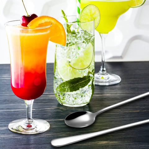 8 Piece 9 Inch Long Handle Stainless Steel Iced Tea Spoons Set For Coffee Ice Cream Soda Milkshakes Cocktails next to drinks