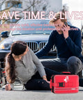 Big 324 Piece First Aid Kit with Labeled Compartments for Cars, Home, Office, Travel, with Israeli Bandages, in use beside two people.