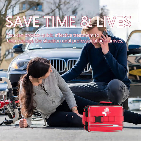 Big 324 Piece First Aid Kit with Labeled Compartments for Cars, Home, Office, Travel, with Israeli Bandages, in use beside two people.
