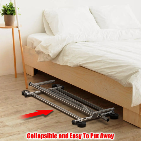 Sturdy Workhorse Commercial Grade Garment Rack With Heavy Duty Steel Construction Extends From 50 To 75 Inches Holds Up To 250 Lbs Chrome Finish Adjustable Hanging Rod stored under bed