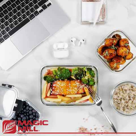 Borosilicate Glass Food Storage Containers Set With Lids For Grab And Go Lunches 24 Piece Bundle on table with meals.