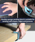 Ultra Handy 120Pc 3 Inch Sanding Discs Kit includes sponge block sanding a wooden edge and metal groove.