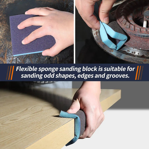 Ultra Handy 120Pc 3 Inch Sanding Discs Kit includes sponge block sanding a wooden edge and metal groove.