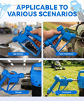 Heavy Duty Electric Drum Pump For 55 Gallon Drums in use at a gas station, garage, farm machinery, and courtyard.