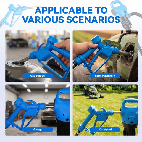 Heavy Duty Electric Drum Pump For 55 Gallon Drums in use at a gas station, garage, farm machinery, and courtyard.