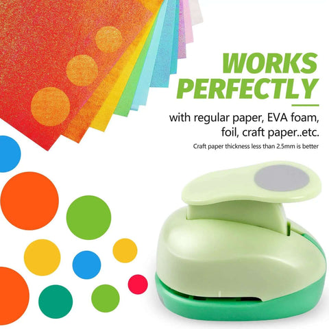 Five Size Circle Punch Set For Paper Crafts And Card Making Including Three Eighths Inch, Five Eighths Inch, One Inch, One And A Half Inch, And Two Inch Circle Punches shown with colored paper and foam