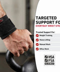 Wrist Brace With Mild Compression For Pain Relief, Adjustable Strap, Universal Fit For Left Or Right Hand, Black, Adult Size S/M, shown on a man's hand gripping a kettlebell.