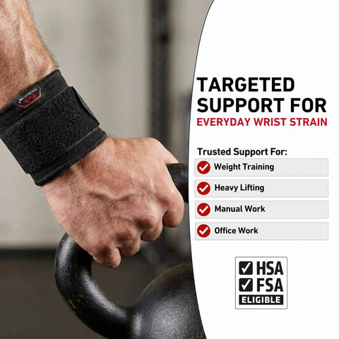 Wrist Brace With Mild Compression For Pain Relief, Adjustable Strap, Universal Fit For Left Or Right Hand, Black, Adult Size S/M, shown on a man's hand gripping a kettlebell.