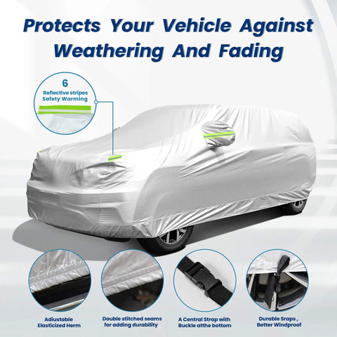 Waterproof SUV Car Cover for All Weather, UV Shield and Hail Protection, showing side fit on SUV, reflective stripes visible.