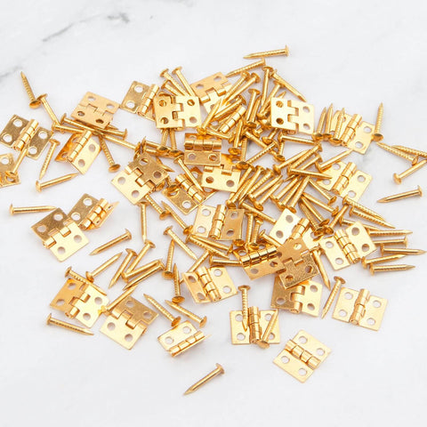 Gold Mini Dollhouse Hinges Kit With 30 Tiny Hinges And 120 Nails For 180 Degree Full Motion Copper Metal DIY Hardware