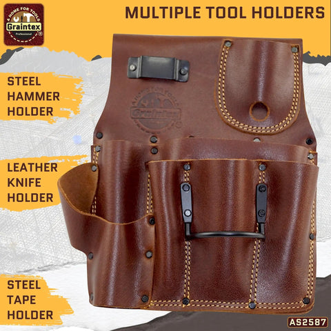 Right Handed Ambassador Series Drywall Pouch Chestnut Brown Top Grain Leather Pro Grade With One Hammer Holder
