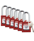 Red Lockout Padlock Sets 6 Pack Keyed Different One Key Per Lock, OSHA Compliant Safety Locks, Brass Cylinders, Nylon Bodies