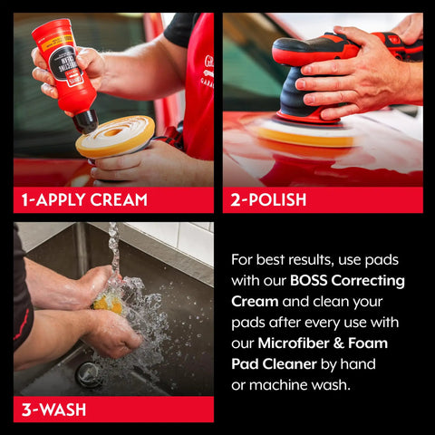 Steps for using orange foam buffing pads: applying cream, polishing with pad, washing off residue, for 6.5-inch car detailing pads.