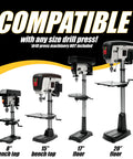 Top Shelf Pro Grade Universal Drill Press Dust Collector with Multi Axis Adjustable Hose Mount for various drill press sizes.