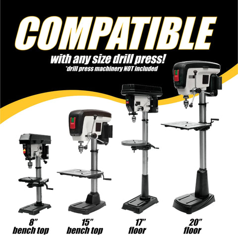 Top Shelf Pro Grade Universal Drill Press Dust Collector with Multi Axis Adjustable Hose Mount for various drill press sizes.