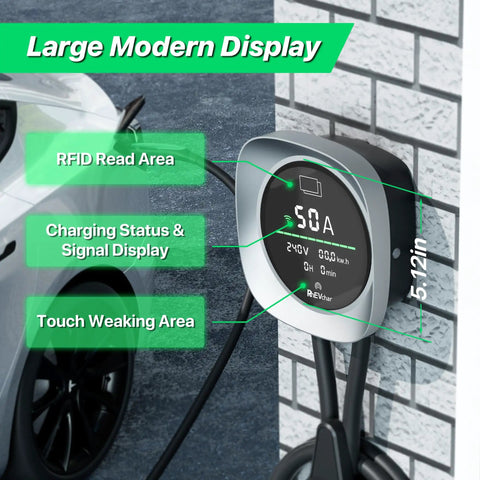 Tesla Level 2 50A EV Charger With NACS Connector displaying 50A reading on large modern display with RFID access.