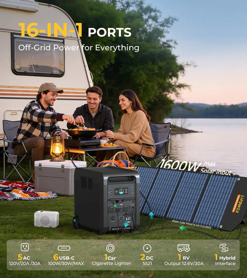 Beefy 6144Wh Portable Power Station Paired With Two 200W Foldable Solar Panels for outdoor cooking setup by a lake.