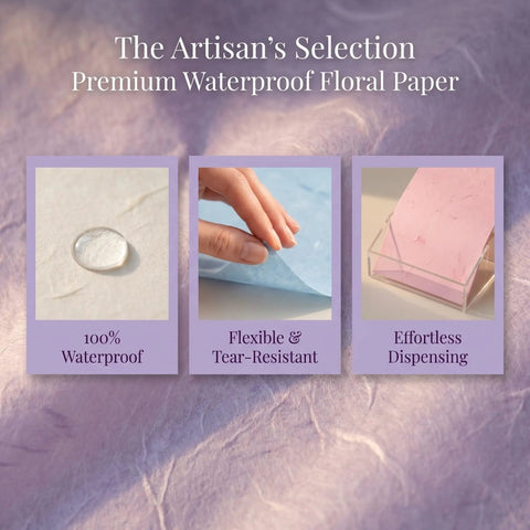 Boss Florist Pop Up Tissue Sheets For Flowers 266 shown with features: waterproof, tear-resistant, easy dispensing.