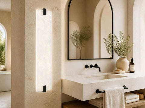 22" Natural Square Alabaster Marble Modern Bathroom Black Wall Sconce illuminated beside a contemporary bathroom vanity.