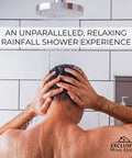 Person enjoying shower under High Pressure Rainfall Shower Head Matte Black 6 Inch Diameter 2.5 GPM Flow Anti Clog 90 Rubber Jets